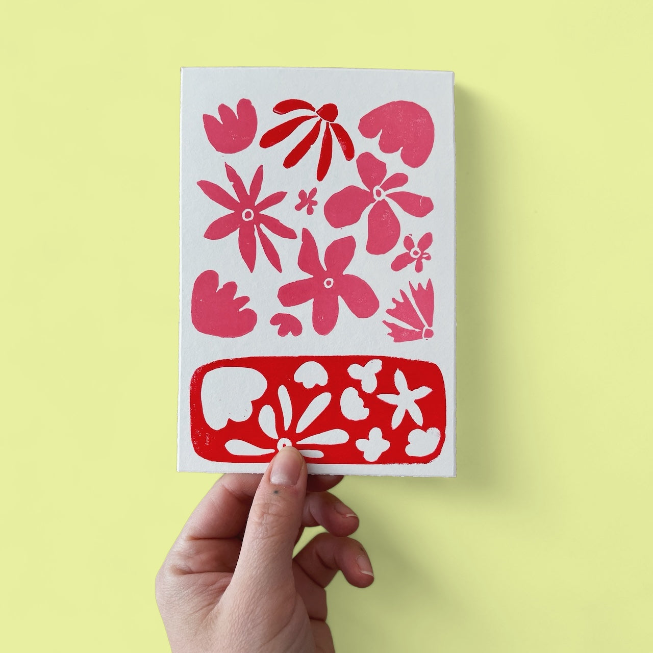 Original Linoldruck Karte Flora Rosa / Rot