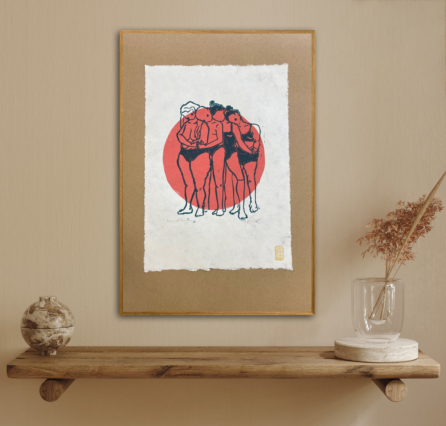 Original Linoldruck Freund*innen Hummerrot / Petrol, A3