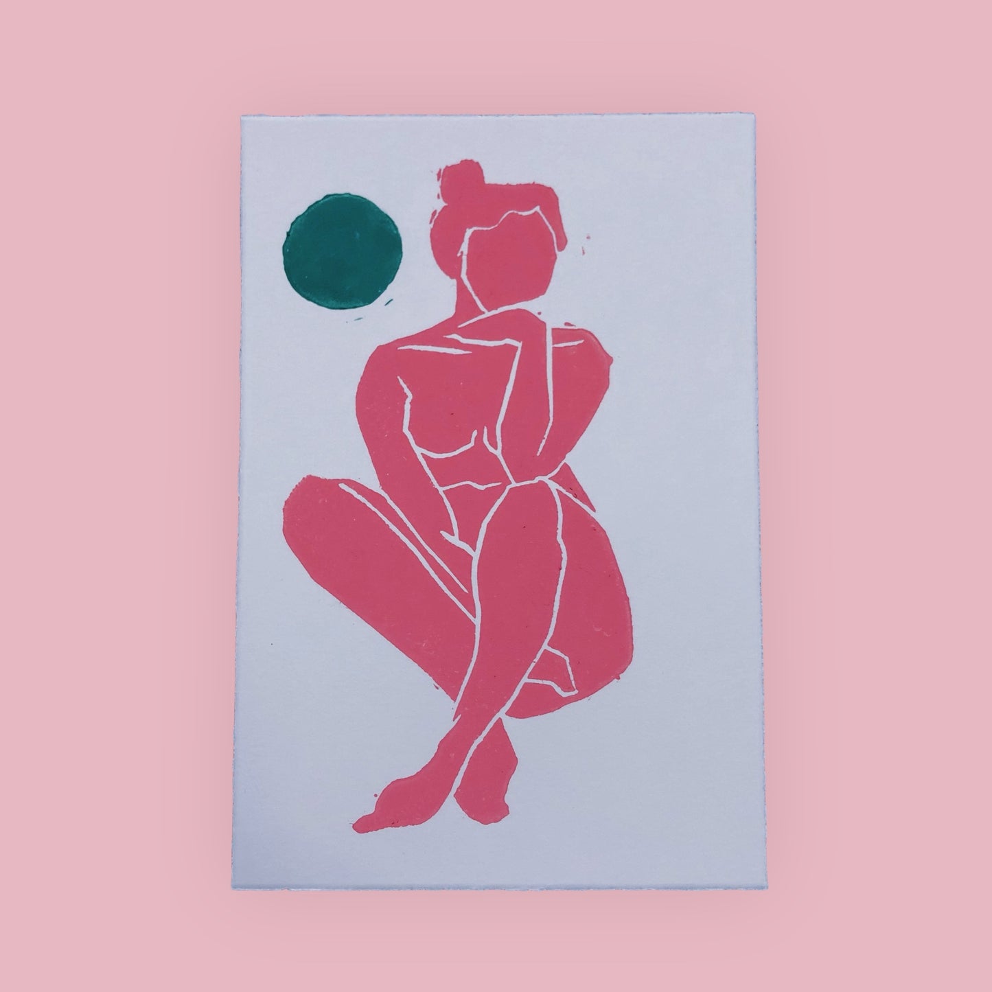 Karte Original Linoldruck Dora Rosa / Grün