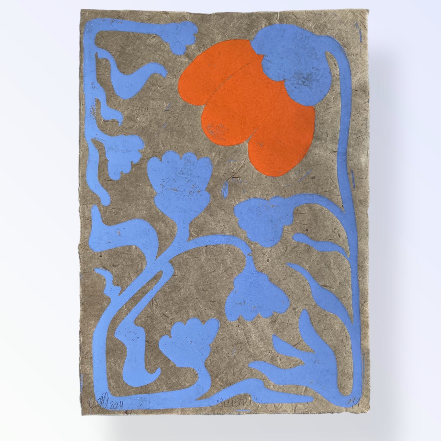 Linoldruck Blume Orange Blau