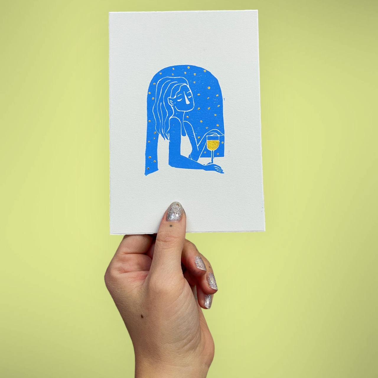 Karte Original Linoldruck "Goldener Wein" (eisblau)