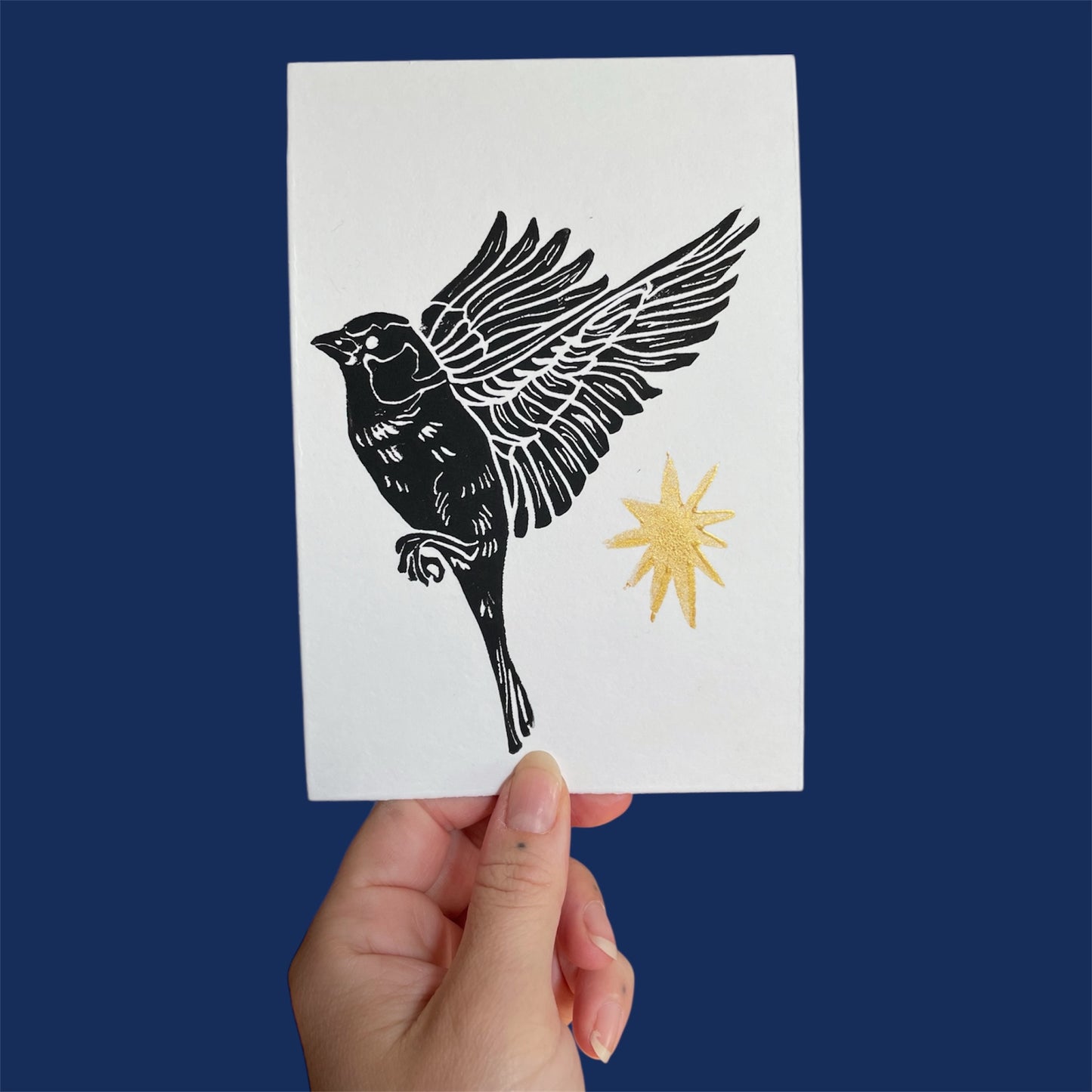 Original Linoldruck Grusskarte Spatz schwarz/gold