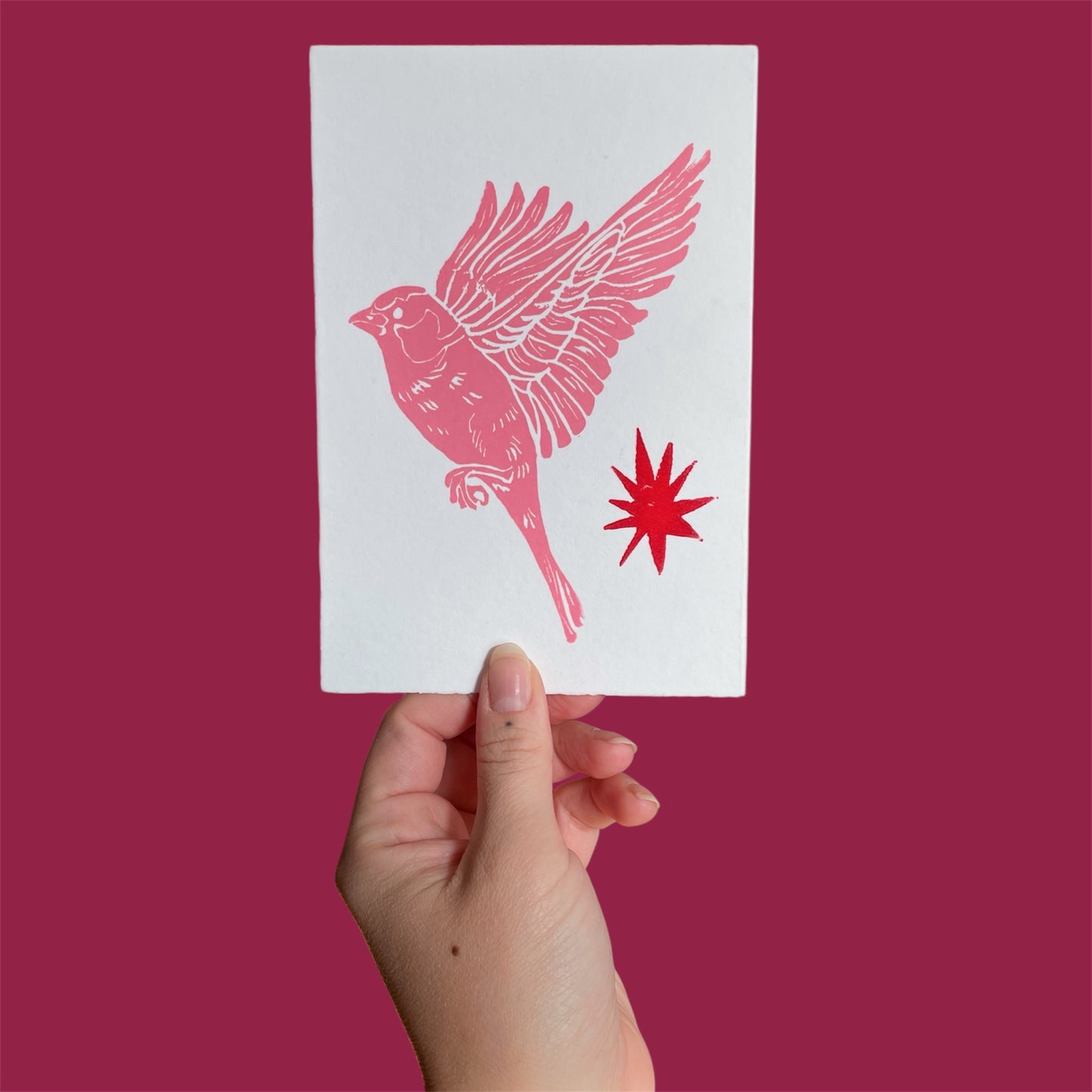 Original Linoldruck Spatz rosa/rot