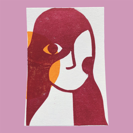 Original Linoldruck Kopf Bordeaux Orange