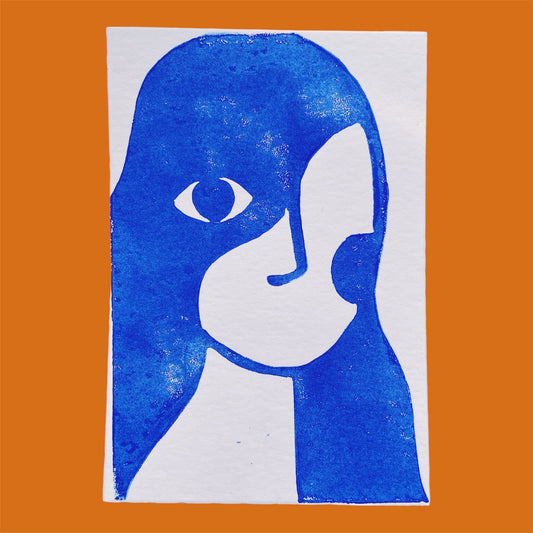 Karte Original Linoldruck "ultramarinblau Kopf"