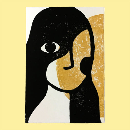 Karte Original Linoldruck "schwarzer Kopf mit goldenem Punkt"