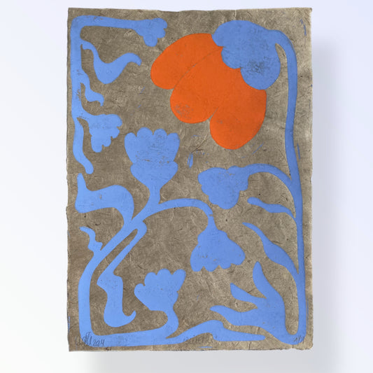 Linoldruck Blume Orange Blau