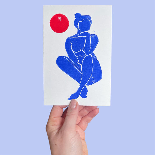 Original Linoldruckkarte Dora Blau/Rot